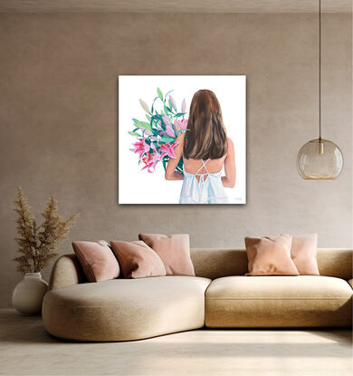 A woman/girl holding a huge bunch of Lillies. 