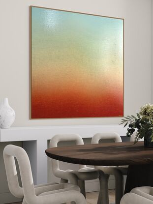 ‘Ambient Sun’ by George Hall is a mixed media work, incorporating a polymer inks, acrylic paint, polymer glazing. This artwork is designed to induce calmness and peace creating a serene and tranquil atmosphere. I’ve used soft, gentle hues to evoke a soothing ambiance. This artwork features a gentle gradient that blends harmoniously, promoting a sense of relaxation and serenity. If you look closely, I have used positive and motivational words layered over each other in this artwork. I have a rule that only positive art goes on my wall. The positive words are a counter play to all the negativity surrounding what the world is going through. I wanted to create a sense of flight and movement, a feeling of growing and moving forward.