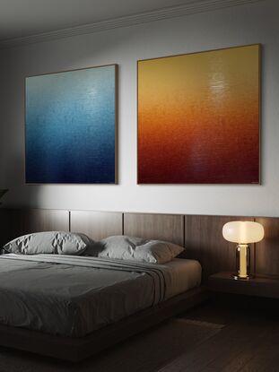 'Ambient Morocco' and 'Ambient Seas' by George Hall are mixed media works, incorporating polymer inks, acrylic paint, polymer glazing. These artworks are designed to induce calmness and peace creating a serene and tranquil atmosphere. I’ve used soft, gentle hues to evoke a soothing ambiance. This artwork features a gentle gradient that blends harmoniously, promoting a sense of relaxation and serenity. If you look closely, I have used positive and motivational words layered over each other in this artwork. I have a rule that only positive art goes on my wall. The positive words are a counter play to all the negativity surrounding what the world is going through. I wanted to create a sense of flight and movement, a feeling of growing and moving forward.