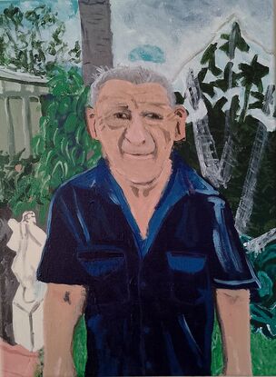 I painted my dad in a portrait style , outside on a outcast day in his backyard with the fig trees and his garage and other parts of the garden .