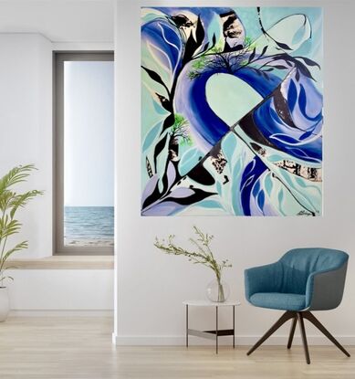 The ebb and flow of life, like a mystical garden, inspires me to paint. In my mind, I envision a tunnel that captures the depth and mystery of acrylic warm blue and light teal hues,  with stark contrasts of black and white.and a pop of light acrylic green 
This large abstract painting comes to life with giant leaves and branches that surround the canvas, creating a sense of movement and tranquility. Each brushstroke carries the essence of this magical world within me, and each color tells a story of harmony and balance. My art is a reflection of the ever-changing beauty and complexity of nature, inviting viewers to get lost in its enchanting depths.
comes with a certificate Of Authenticity this large paint is a light canvas thin sided and varnished to protect from dust and ageing 