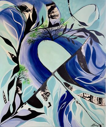 The ebb and flow of life, like a mystical garden, inspires me to paint. In my mind, I envision a tunnel that captures the depth and mystery of acrylic warm blue and light teal hues,  with stark contrasts of black and white.and a pop of light acrylic green 
This large abstract painting comes to life with giant leaves and branches that surround the canvas, creating a sense of movement and tranquility. Each brushstroke carries the essence of this magical world within me, and each color tells a story of harmony and balance. My art is a reflection of the ever-changing beauty and complexity of nature, inviting viewers to get lost in its enchanting depths.
comes with a certificate Of Authenticity this large paint is a light canvas thin sided and varnished to protect from dust and ageing 