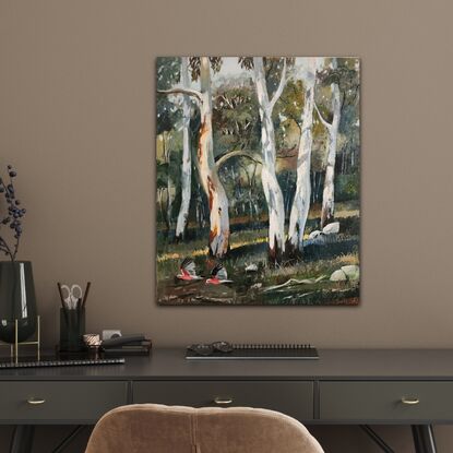 An impressionistic view of the Australian Landscape. A gum tree forest bathed in a soft light..