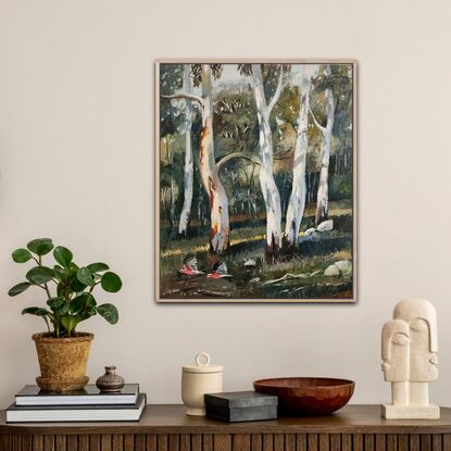 An impressionistic view of the Australian Landscape. A gum tree forest bathed in a soft light..