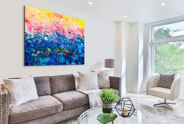 Images show the painting in different lounge rooms.