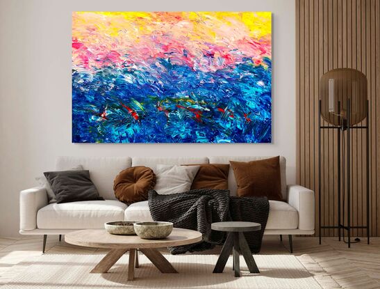 Images show the painting in different lounge rooms.