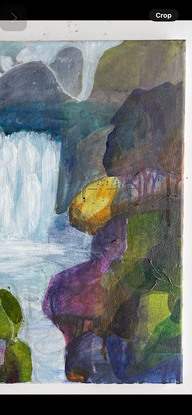 jewel-like collaged abstract painting of a waterfall