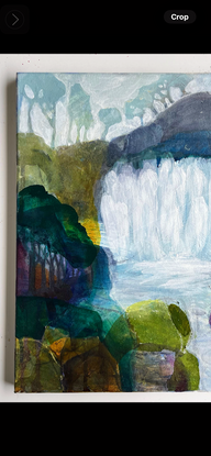 jewel-like collaged abstract painting of a waterfall