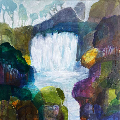 jewel-like collaged abstract painting of a waterfall