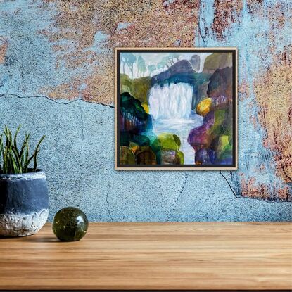 jewel-like collaged abstract painting of a waterfall