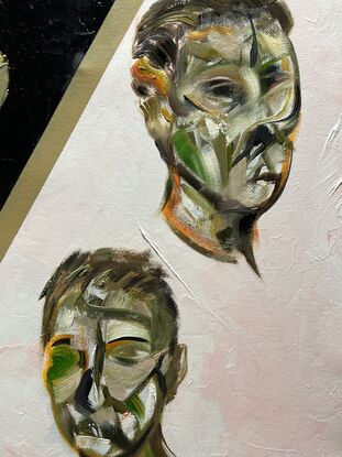 Black background on left and white-pink background on right. Three expressionist portraits.