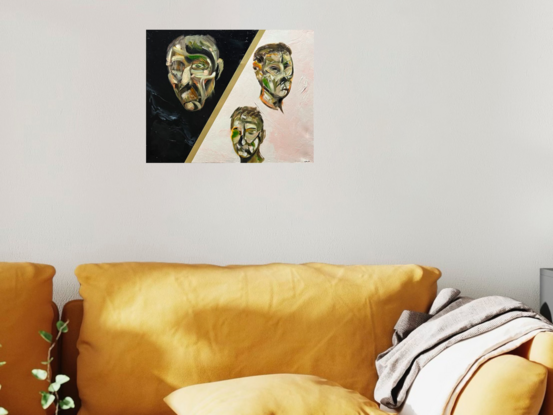 Black background on left and white-pink background on right. Three expressionist portraits.