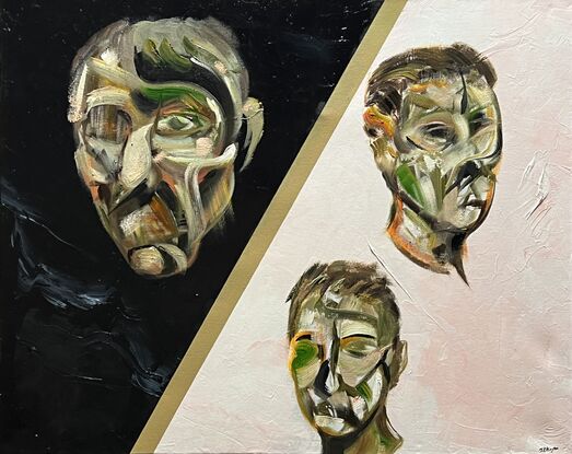 Black background on left and white-pink background on right. Three expressionist portraits.