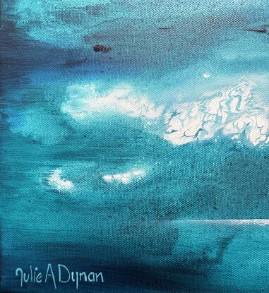 Semi abstract seascape.  Swirling shallows and cool depths of sea and rocky outcrops painted with palette knife