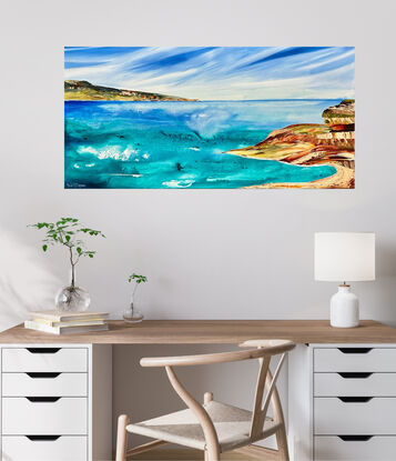 Semi abstract seascape.  Swirling shallows and cool depths of sea and rocky outcrops painted with palette knife