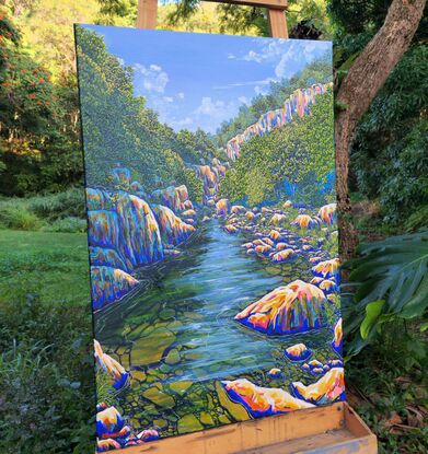 Bright rocks and trees create a pathway via a creek through a deep gorge, the underwater rocks can be seen through the clear water.
