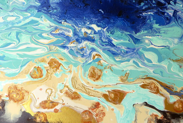 Coastal Erosion is an abstract painting featuring vibrant blues, turquoise and gold which when mixed, created a dynamic fluid effect. It has an energetic vibrant mood due to its bright colour palette and dynamic patterns.