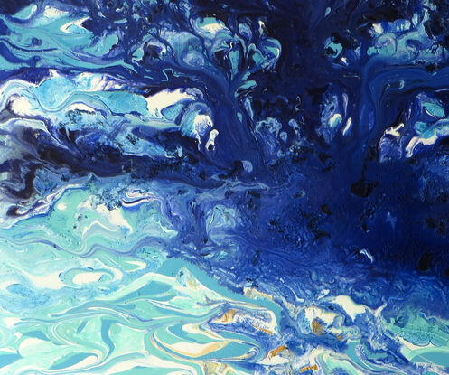 Coastal Erosion is an abstract painting featuring vibrant blues, turquoise and gold which when mixed, created a dynamic fluid effect. It has an energetic vibrant mood due to its bright colour palette and dynamic patterns.