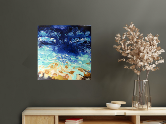 Coastal Erosion is an abstract painting featuring vibrant blues, turquoise and gold which when mixed, created a dynamic fluid effect. It has an energetic vibrant mood due to its bright colour palette and dynamic patterns.