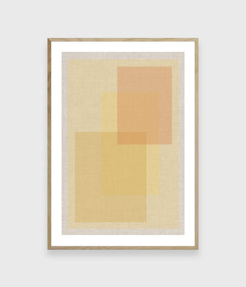 Digital artwork featuring a composition of overlapping squares and rectangles in a range of amber and beige tones. The shapes are neatly arranged against a linen-textured background, creating a sense of order and harmony. The colour palette is soft and earthy, evoking a calming atmosphere. The minimalist design emphasises geometric abstraction and balance