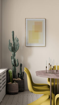 Digital artwork featuring a composition of overlapping squares and rectangles in a range of amber and beige tones. The shapes are neatly arranged against a linen-textured background, creating a sense of order and harmony. The colour palette is soft and earthy, evoking a calming atmosphere. The minimalist design emphasises geometric abstraction and balance