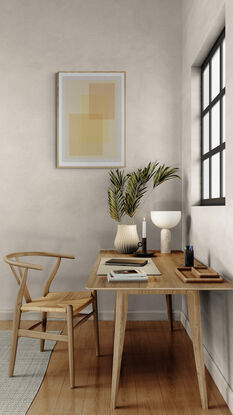 Digital artwork featuring a composition of overlapping squares and rectangles in a range of amber and beige tones. The shapes are neatly arranged against a linen-textured background, creating a sense of order and harmony. The colour palette is soft and earthy, evoking a calming atmosphere. The minimalist design emphasises geometric abstraction and balance