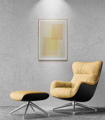 Digital artwork featuring a composition of overlapping squares and rectangles in a range of amber and beige tones. The shapes are neatly arranged against a linen-textured background, creating a sense of order and harmony. The colour palette is soft and earthy, evoking a calming atmosphere. The minimalist design emphasises geometric abstraction and balance