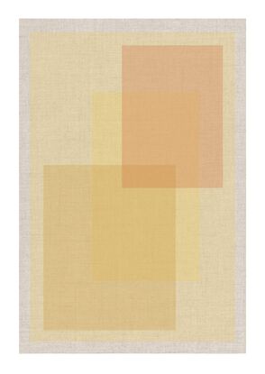 Digital artwork featuring a composition of overlapping squares and rectangles in a range of amber and beige tones. The shapes are neatly arranged against a linen-textured background, creating a sense of order and harmony. The colour palette is soft and earthy, evoking a calming atmosphere. The minimalist design emphasises geometric abstraction and balance