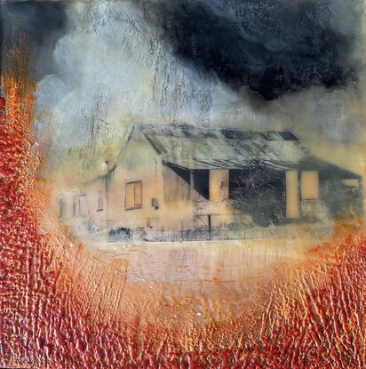 Small sketched cottage on a dark stormy background with textured red and orange fields in the firegroubd