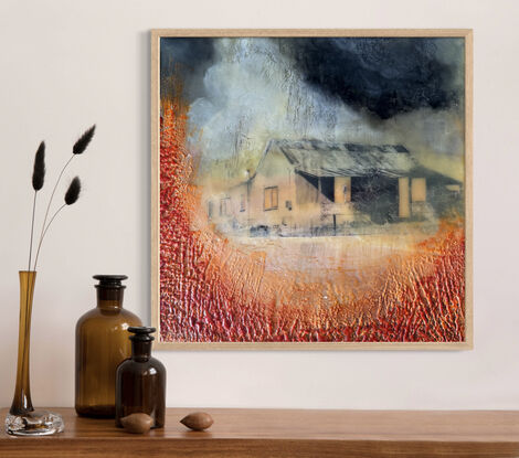 Small sketched cottage on a dark stormy background with textured red and orange fields in the firegroubd