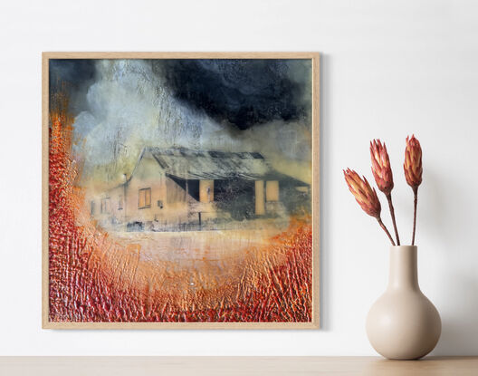 Small sketched cottage on a dark stormy background with textured red and orange fields in the firegroubd