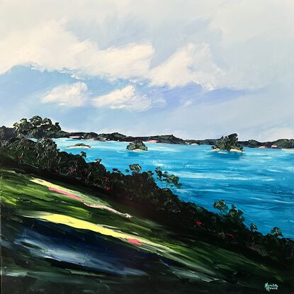 Vibrant seascape with luminous turquoise and dark green.