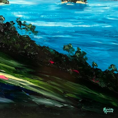 Vibrant seascape with luminous turquoise and dark green.