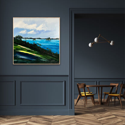 Vibrant seascape with luminous turquoise and dark green.