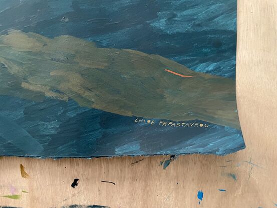 Deep blue hues cover the large paper with abstracted lines and marks through the center of the paper of ochre to white colours depicting the forms found in nature 