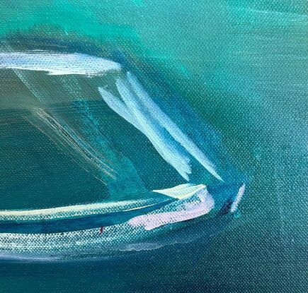 Abstract outline of a boat in white with yellow and pink accents. There is a small echo/ thought bubble of another boat above to the right.  The background is really the focus - a deep turquoise with shadow of the boat.