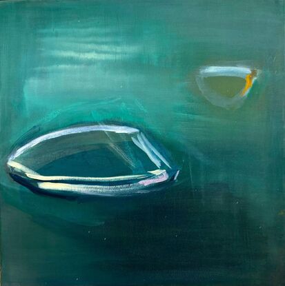 Abstract outline of a boat in white with yellow and pink accents. There is a small echo/ thought bubble of another boat above to the right.  The background is really the focus - a deep turquoise with shadow of the boat.