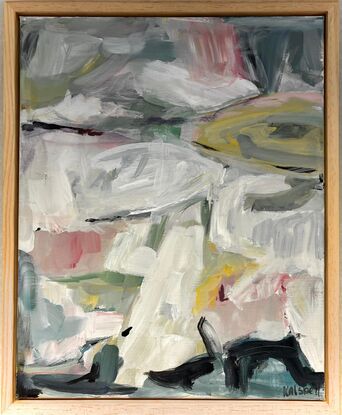 An abstract dyptich. Free brushstrokes.  Major colours are light grey and black, with sage green, mid-pink, and touches of blue and yellow.