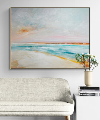 Colourful abstract seascape  in soft tones of  blue, orange and yellow with fresh big textured sky above and sand bank.
