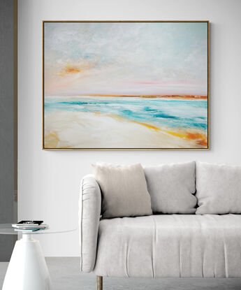 Colourful abstract seascape  in soft tones of  blue, orange and yellow with fresh big textured sky above and sand bank.
