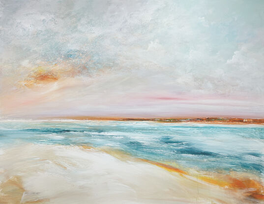 Colourful abstract seascape  in soft tones of  blue, orange and yellow with fresh big textured sky above and sand bank.
