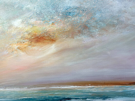 Colourful abstract seascape  in soft tones of  blue, orange and yellow with fresh big textured sky above and sand bank.
