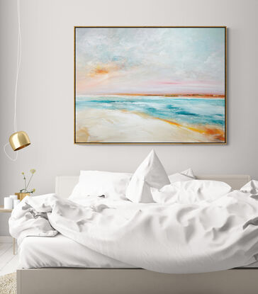 Colourful abstract seascape  in soft tones of  blue, orange and yellow with fresh big textured sky above and sand bank.
