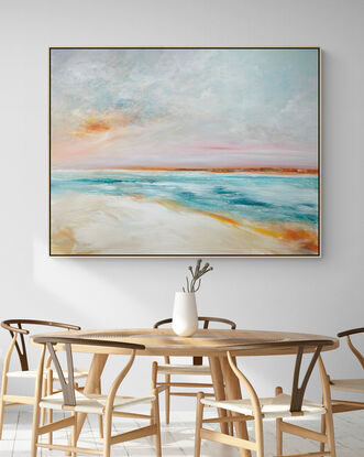 Colourful abstract seascape  in soft tones of  blue, orange and yellow with fresh big textured sky above and sand bank.
