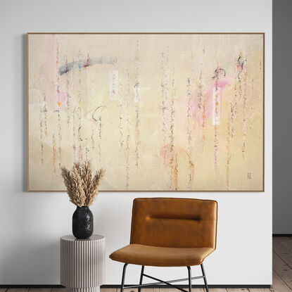 Large abstract of textured acrylic paint, ink, pastel and charcoal on a weathered ground of earthy pink tones with a wave of colour throughout.