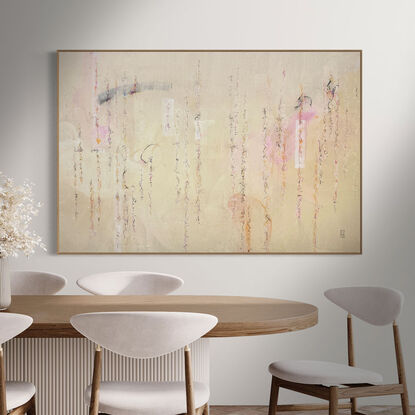 Large abstract of textured acrylic paint, ink, pastel and charcoal on a weathered ground of earthy pink tones with a wave of colour throughout.