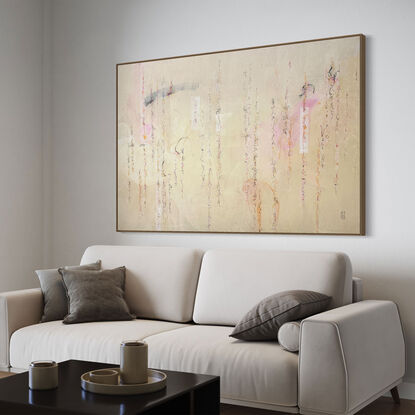 Large abstract of textured acrylic paint, ink, pastel and charcoal on a weathered ground of earthy pink tones with a wave of colour throughout.