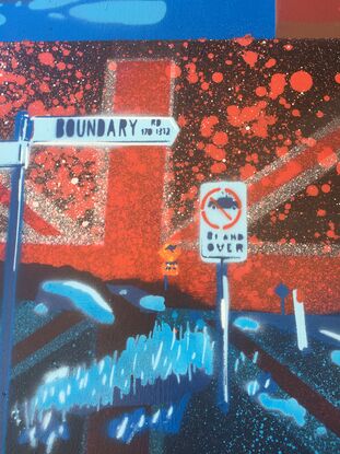 6 tiles featuring road signs pointing left and right with the text Boundary Rd. A truck weight restriction sign has been altered to depict police prohibited.  a Kangaroo ahead warning sign sits in the distance. A single dead tree sits on the horizon representing the pain and suffering caused to indigenous Australians. All tiles feature variations of red, white and blue colour schemes. 2 tiles feature backgrounds of the union jack.