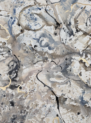 an abstract landscape in shades of blue, gold, smoky grey,, brown, beige and white inspired by wild grass and coastal dunes, australian native and indigenous plants