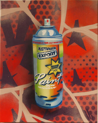 Multi layered stencilled image of an Australian export spray can in blue tones with green, cream, orange and red coloured graphics. Above the coloured graphics reads Not suitable for automotive use. Lower the texts Australian Export and then a star with Reduced Toxicity followed by Paint each in different font styles The background is red with purple details and pink cracks. The spray can has a shadow down and to the left as if it is floating on the canvas.